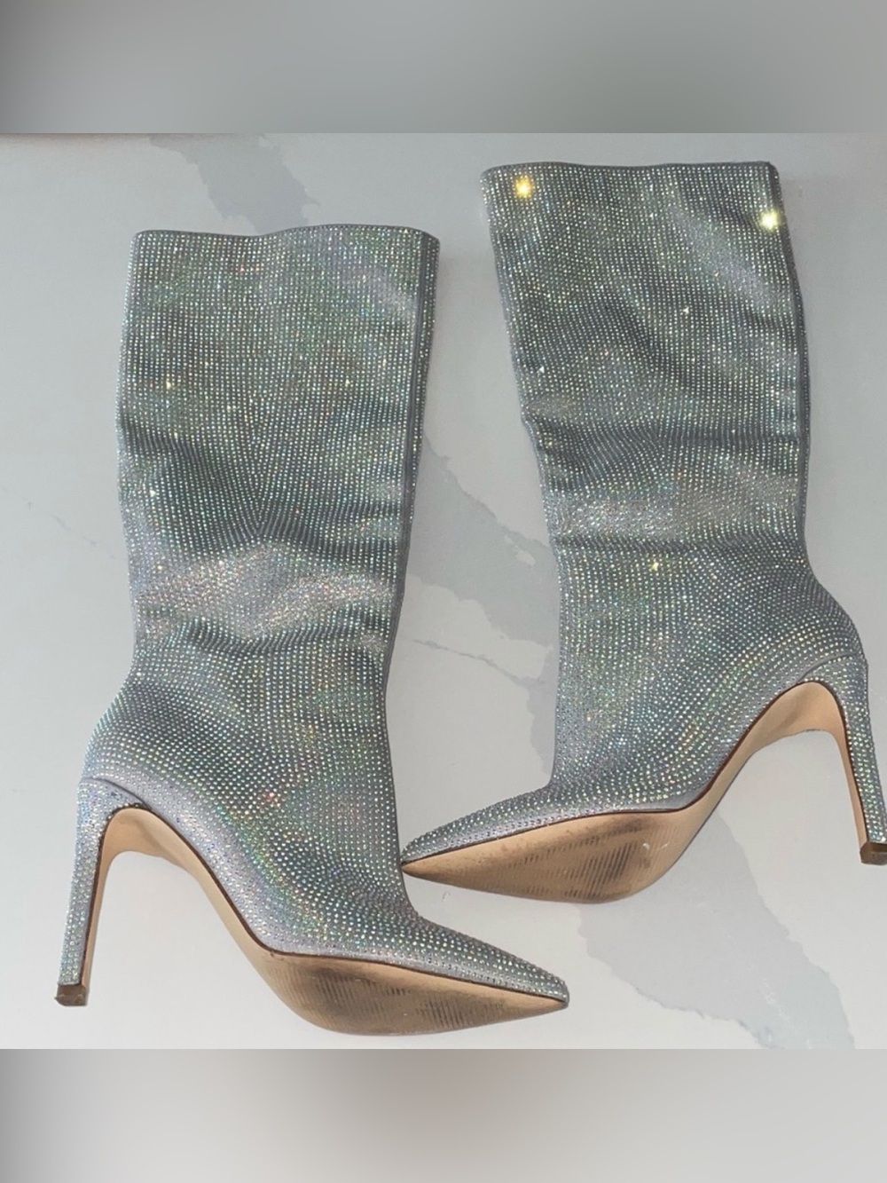 Nine West Silver Crystal-Stretch Mid-Calf Stiletto Boots